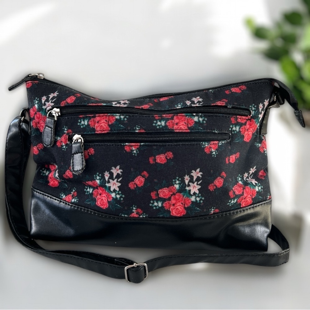 Gold Coast Black Red Roses Floral Print Canvas Vegan Leather Trim Silver Accent